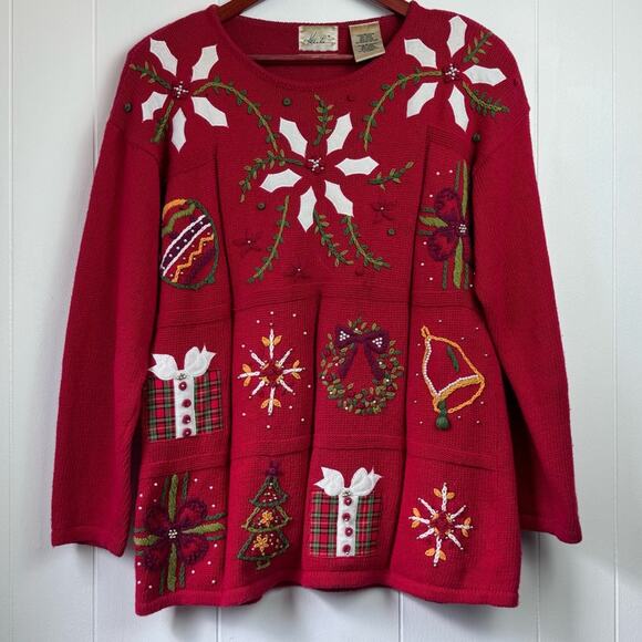 Vintage Christmas Red Cotton Beaded Appliqué Pullover Sweater Women’s Size M/L - Picture 8 of 13